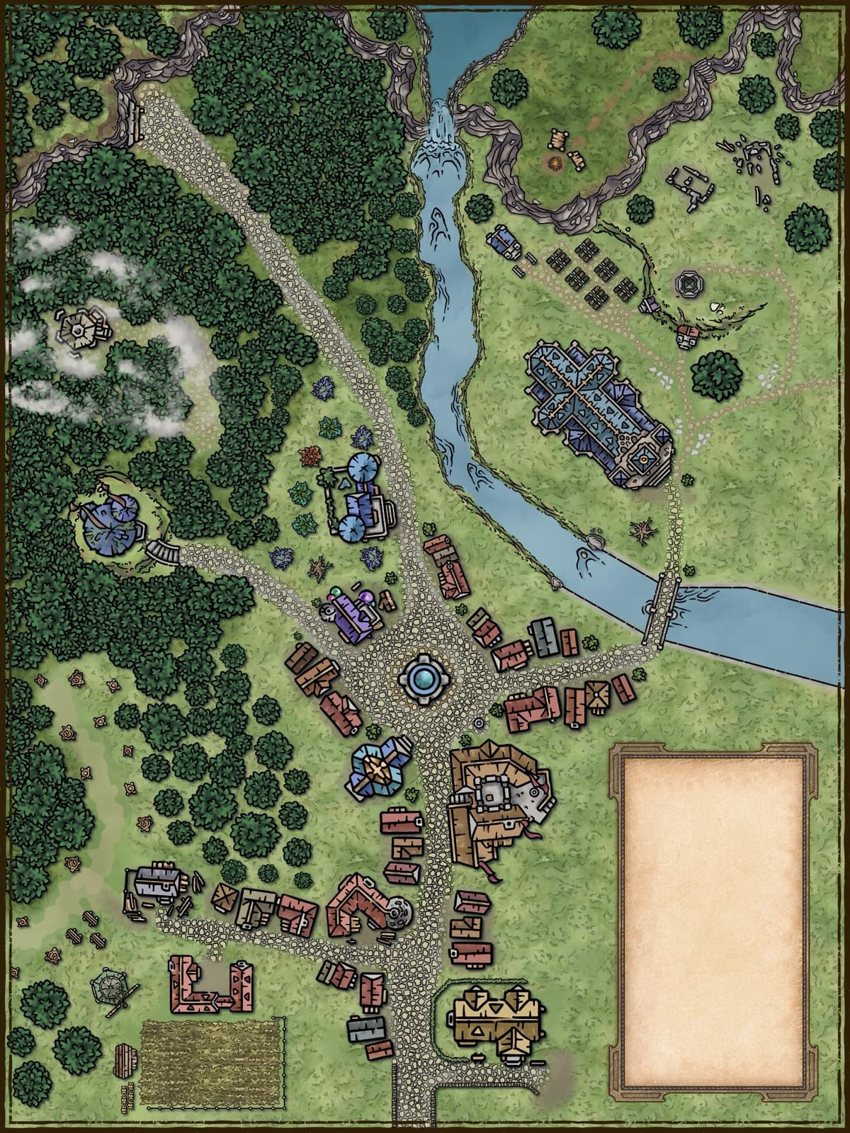 Illustrated map of the Town of Click Clack, with a river, forest, and cobbled town square